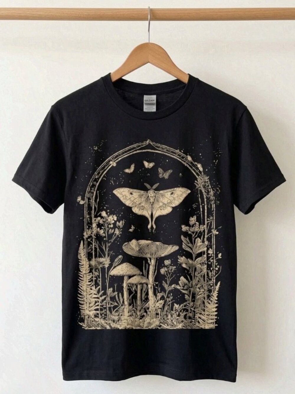 Vintage Luna Moth Mushroom Botanical Cottagecore Black T-Shirt Reprint